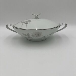 Noritake Melrose 6002 Round Covered Vegetable Bowl Gray Rose Platinum Trim Japan